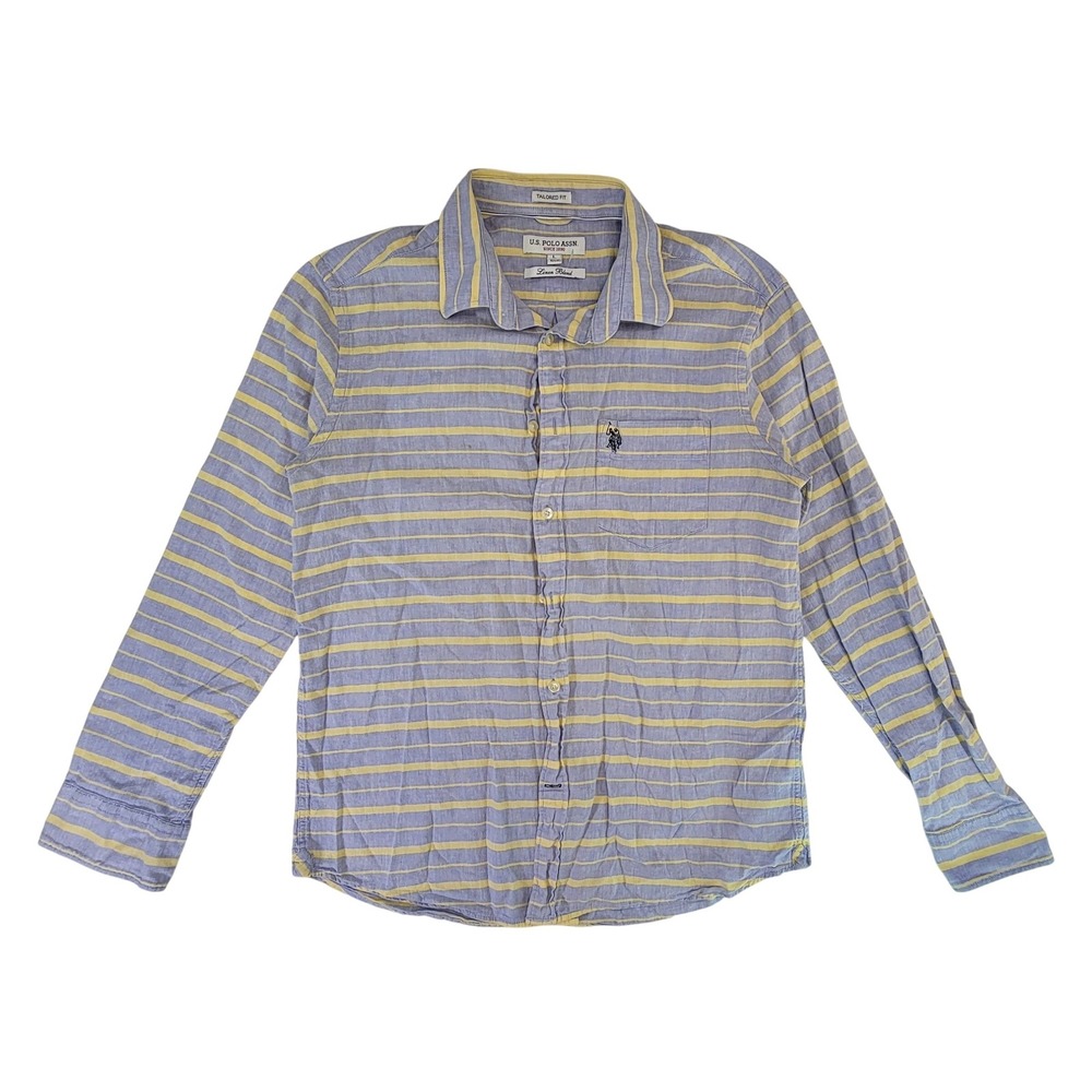 US Polo Assn Mens Striped Linen Blend Button Down Shirt Tailored Fit Size L